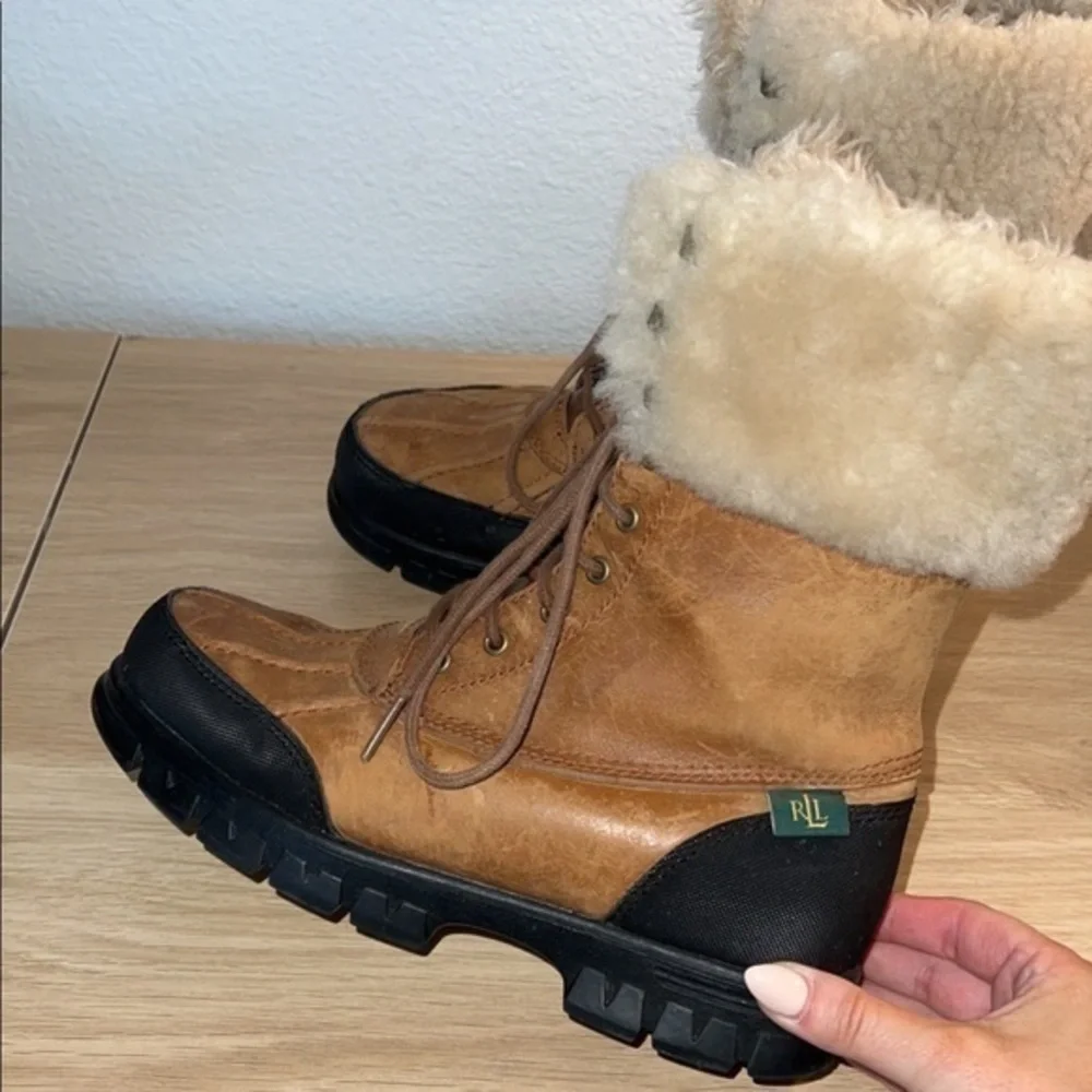 Ralph Lauren‎ Quinta Tan Brown Leather Shearling Mid Calf Winter Boots